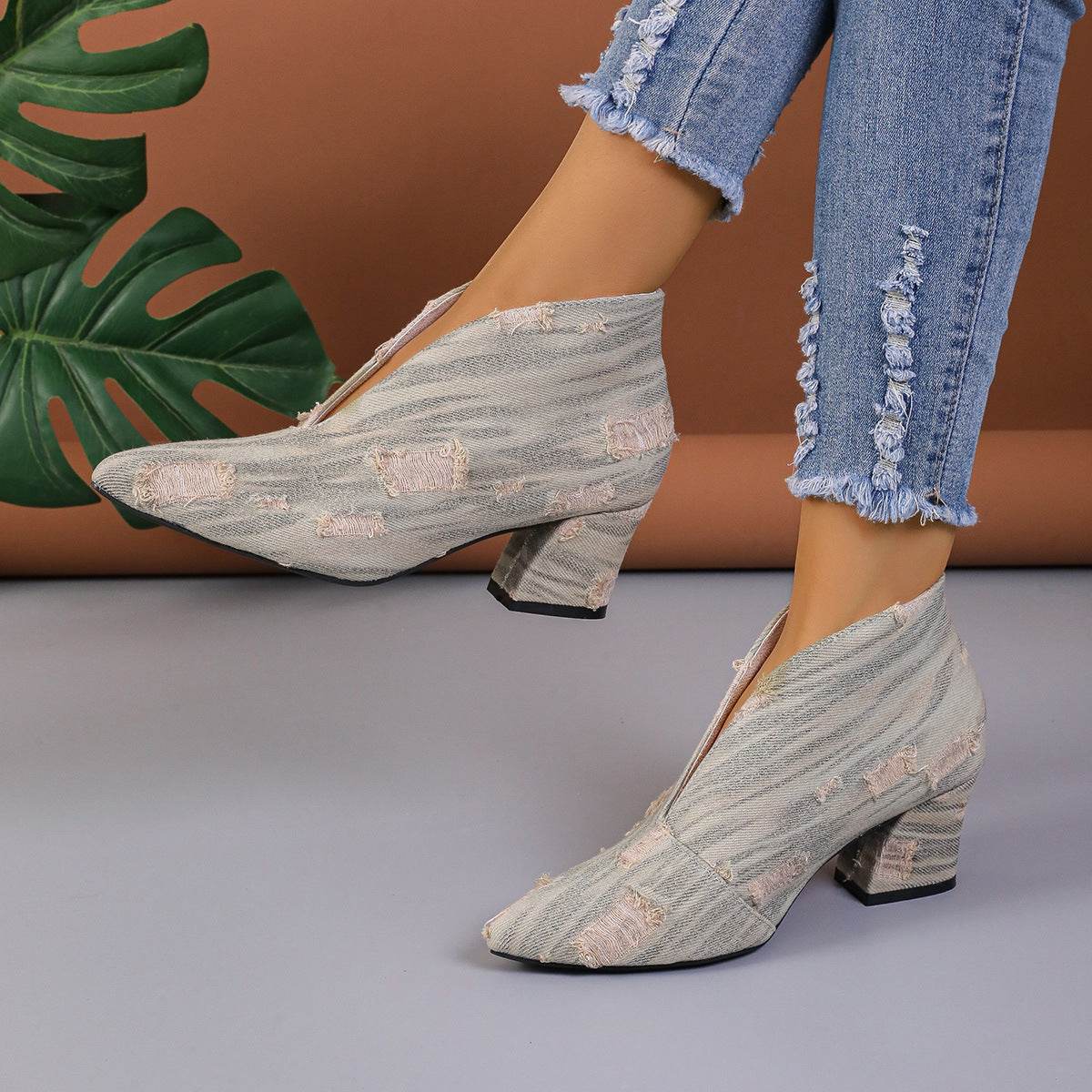 Buycenter Women's V Cut Denim Booties - Chunky Mid Heel, Pointed Toe - Buy Center