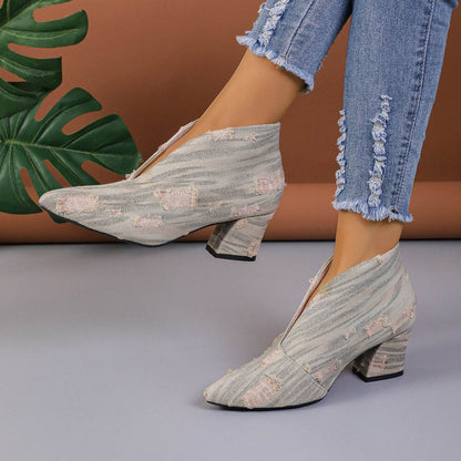 Buycenter Women's V Cut Denim Booties - Chunky Mid Heel, Pointed Toe - Buy Center