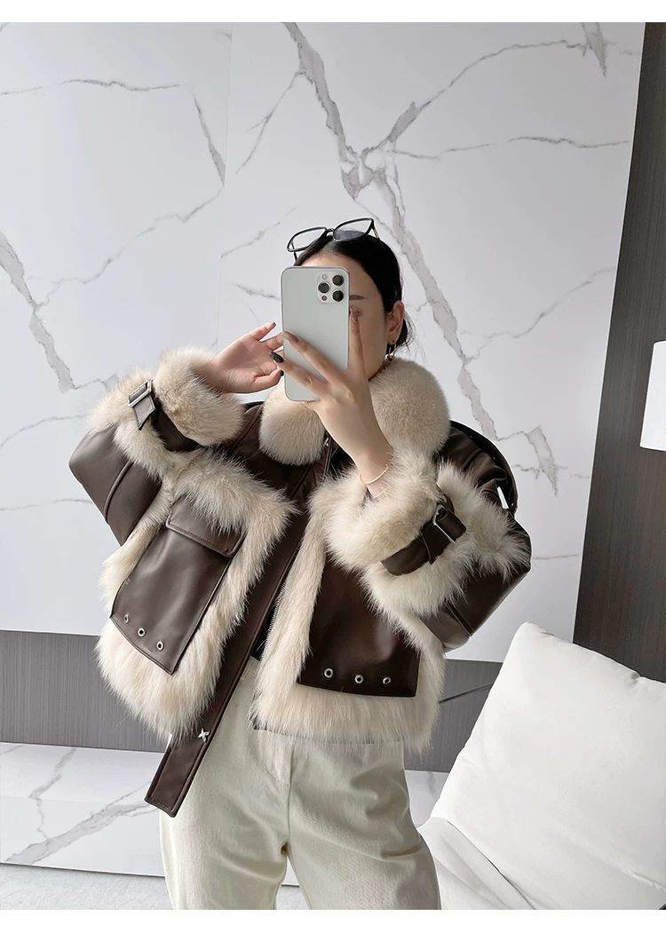 Sense Fox Fur Stitching Leather Coat - Retro Elegant Women's Outerwear - Buy Center