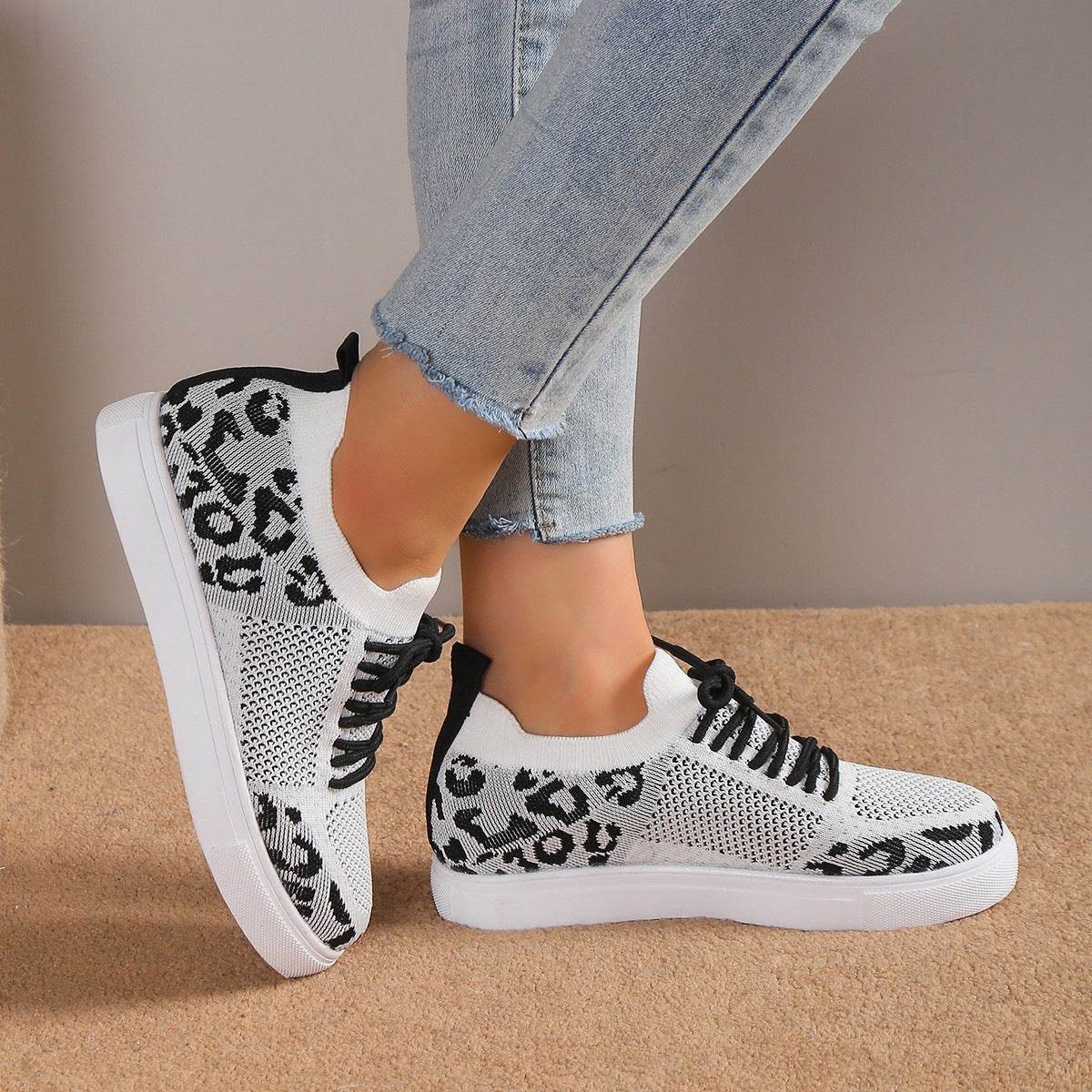 Buycenter Women's Casual Sports Flats - Leopard Print Flyknit Shoes - Buy Center