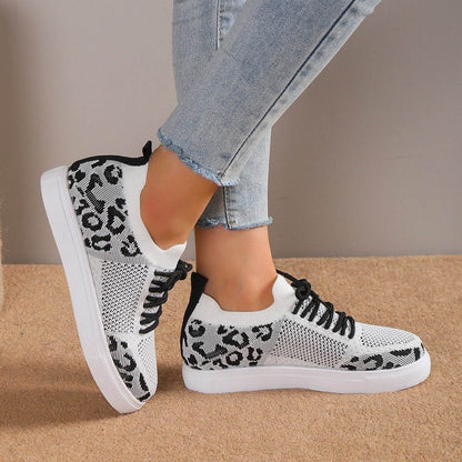 Buycenter Women's Casual Sports Flats - Leopard Print Flyknit Shoes - Buy Center