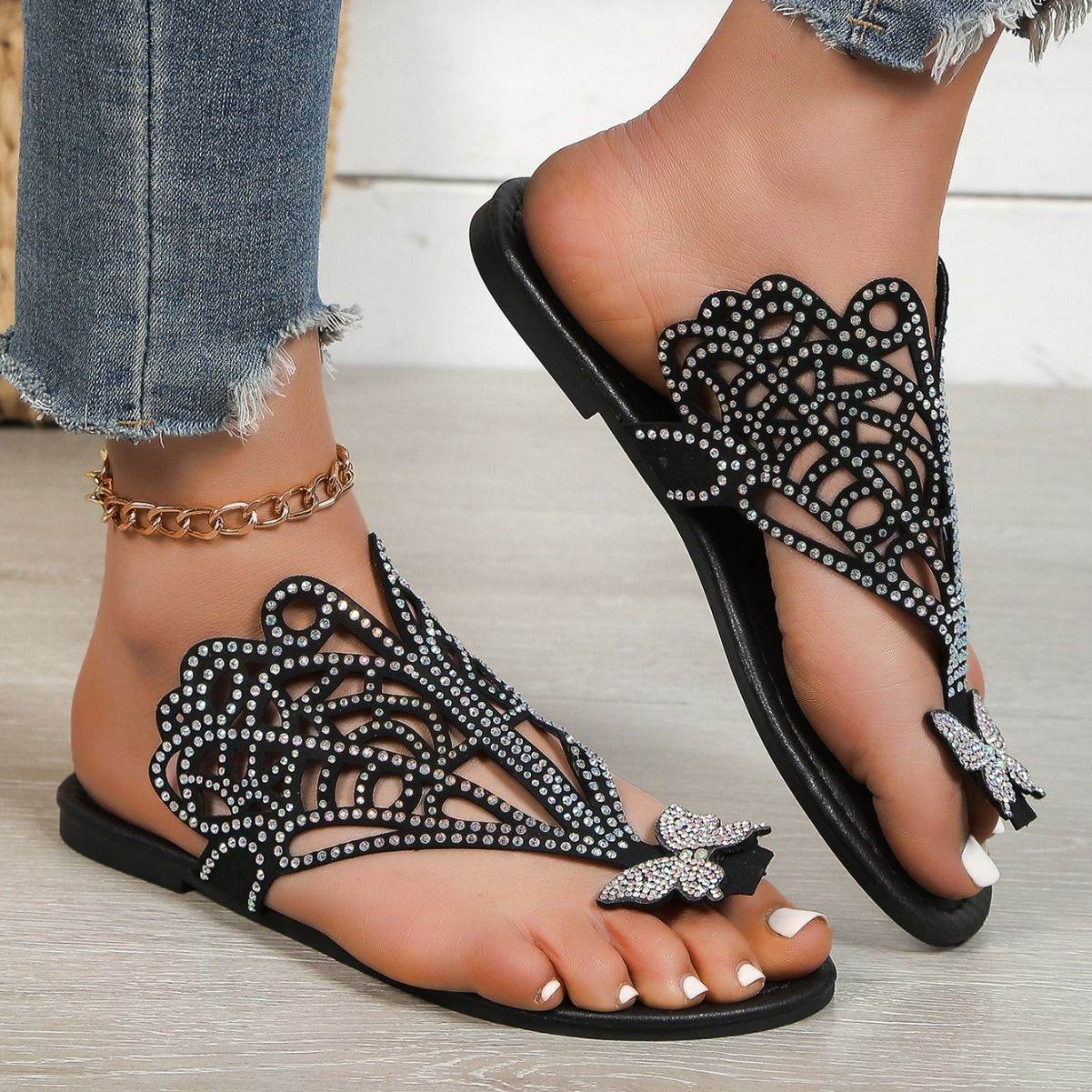 Buycenter Women's Rhinestone Flip-toe Sandals - Slip-on Flat Slippers - Buy Center