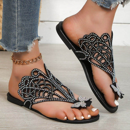 Buycenter Women's Rhinestone Flip-toe Sandals - Slip-on Flat Slippers - Buy Center