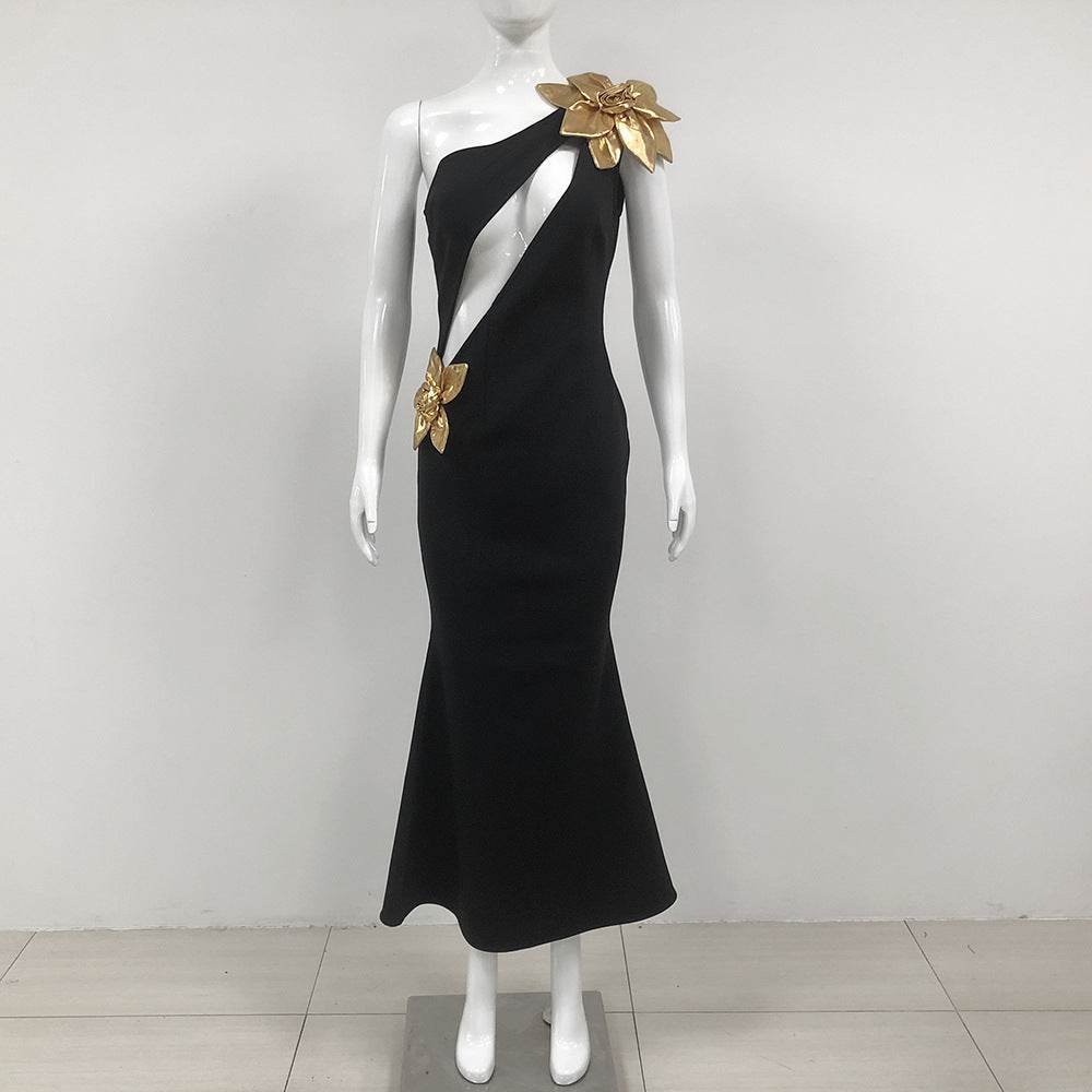 Elegant Slim-Fit Bandage Maxi Dress - Golden Flower Bridesmaid Style - Buy Center