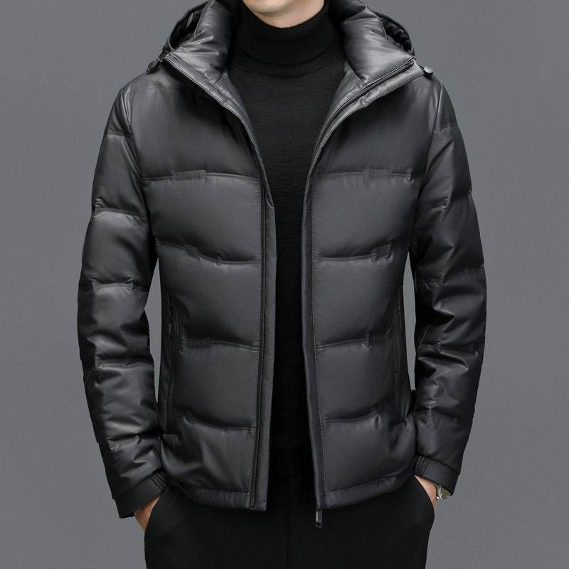 Men's Casual White Duck Down Coat - Premium Leather Hoodie for Warmth - Buy Center