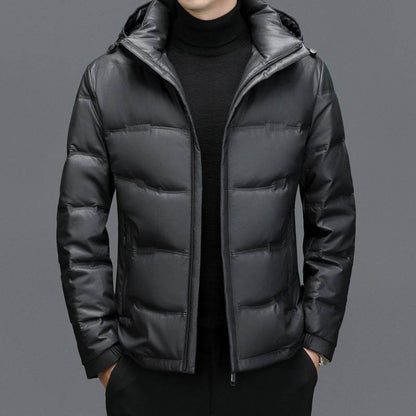 Men's Casual White Duck Down Coat - Premium Leather Hoodie for Warmth - Buy Center