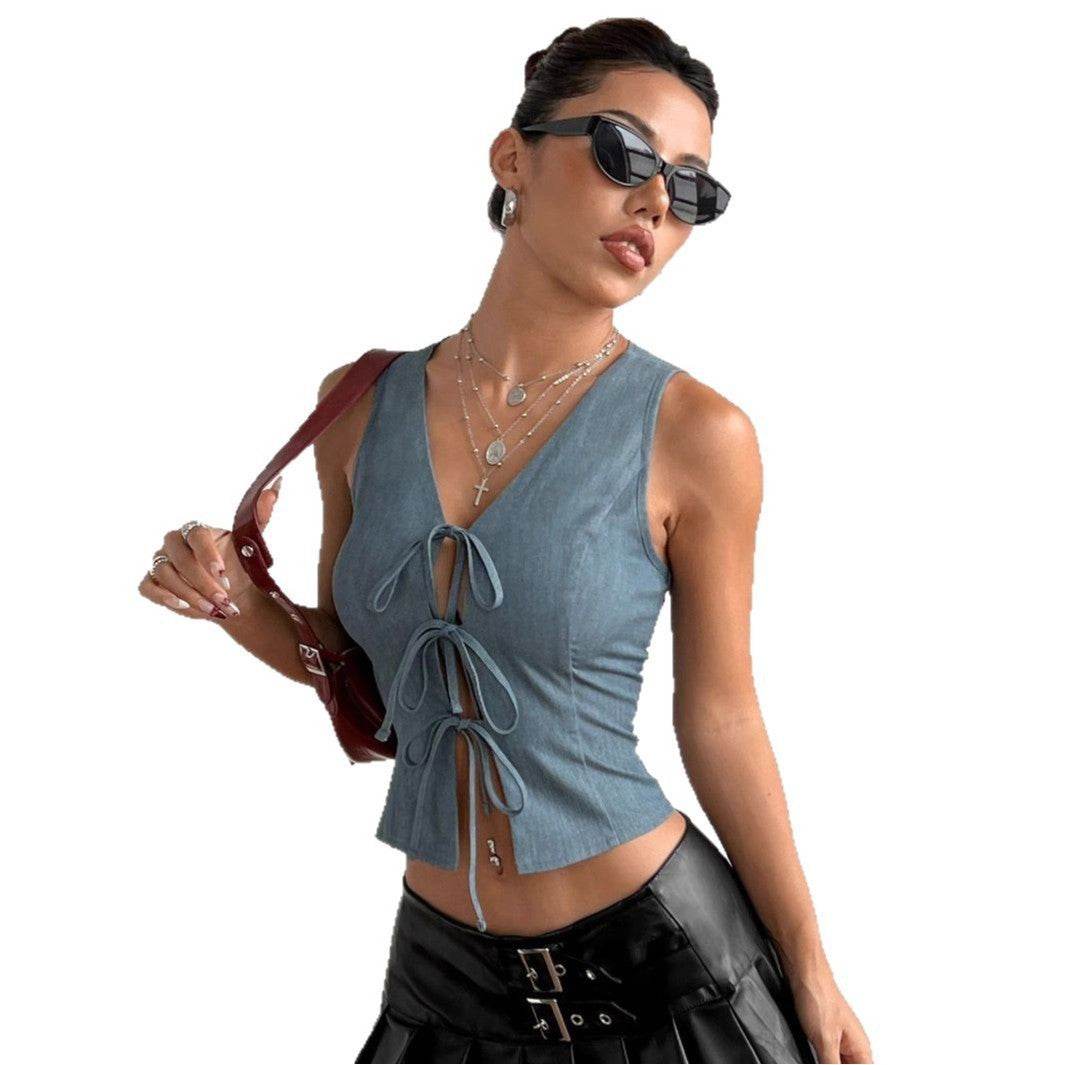 Buycenter Women's Slim Fit Lace-Up Blazer - Stylish Sleeveless Top - Buy Center