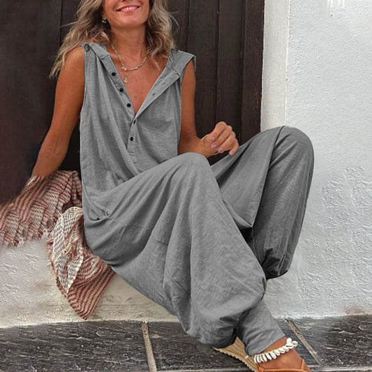 New Button Hooded Sleeveless Jumpsuit - Stylish & Comfortable for All Sizes - Buy Center