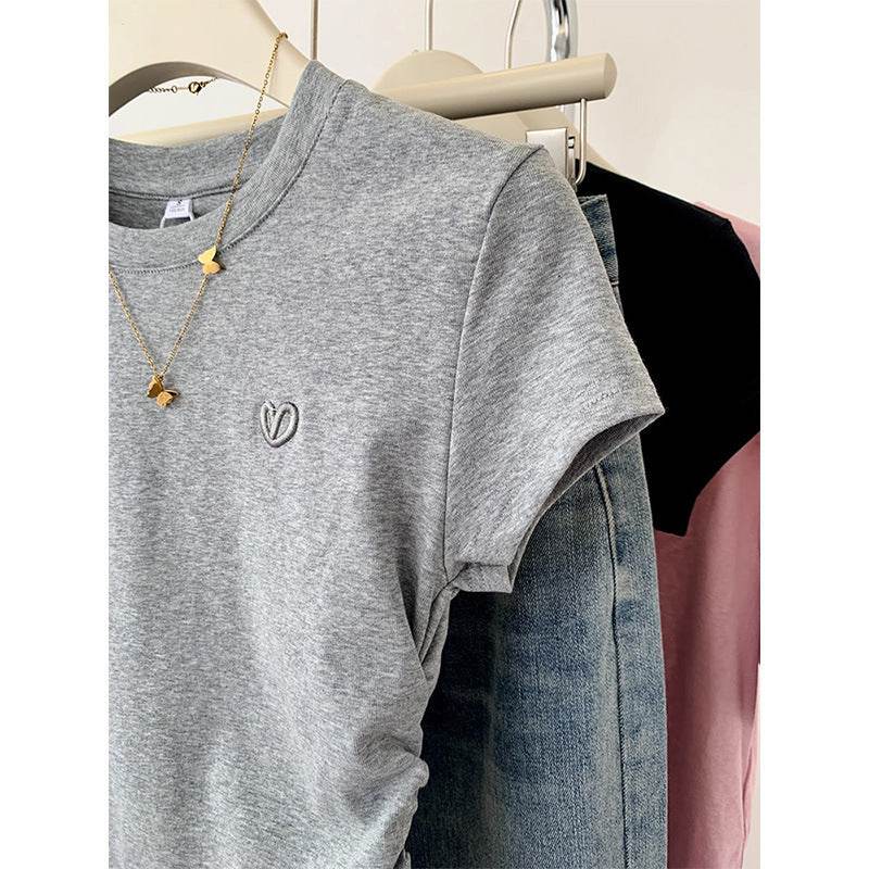Buycenter Ladies Gray Short Sleeve T-shirt - Love Embroidery Design - Buy Center