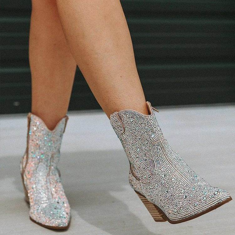 Buycenter Pointed High Heel Ankle Boots - Chunky Rhinestone Design - Buy Center