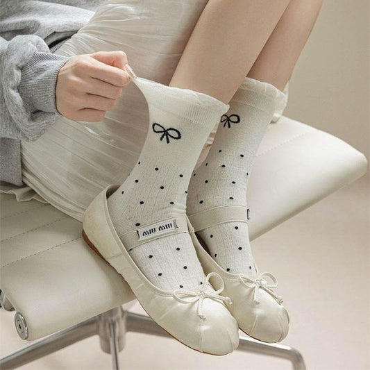 Three-Dimensional Polka Dot Bow Socks - Pure Cotton Mid-Calf for Women - Buy Center