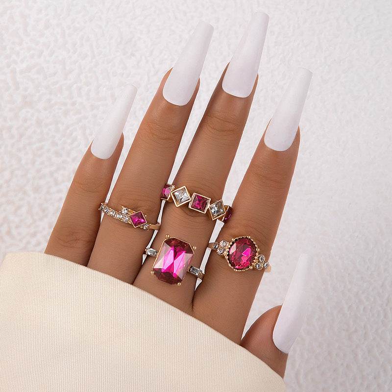 Buycenter Color Diamond Four-Piece Ring Set - Stylish Alloy Geometry - Buy Center
