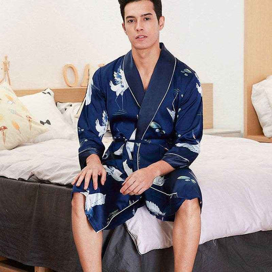 Long-Sleeved Men's Silk Bathrobe - Comfortable Homewear for Relaxation