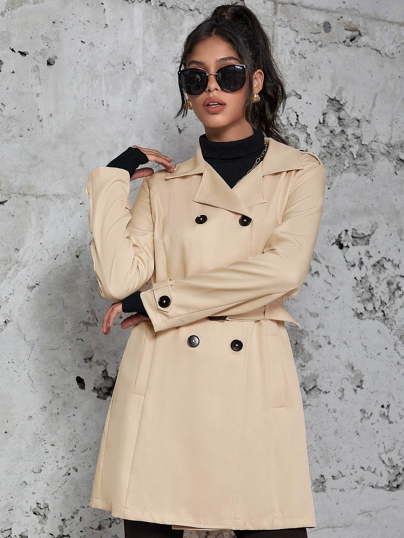 Women's Mid-Length Trench Coat - Elegant Apricot Design, British Style - Buy Center