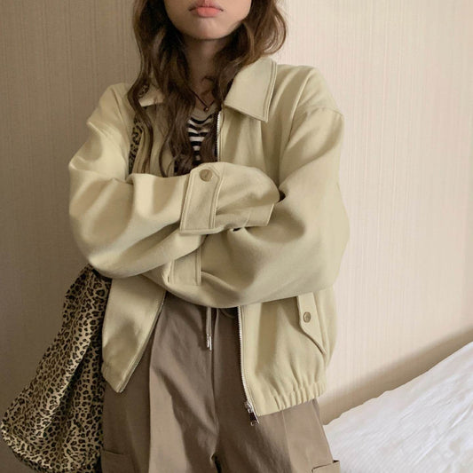 Casual Khaki Zipper Coat - Stylish Slimming Fit with Lapel Design - Buy Center