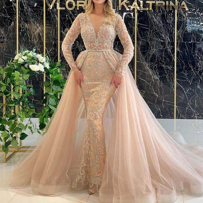 Elegant French Long-Sleeved Wedding Dress - V-Neck, Dramatic Tail - Buy Center