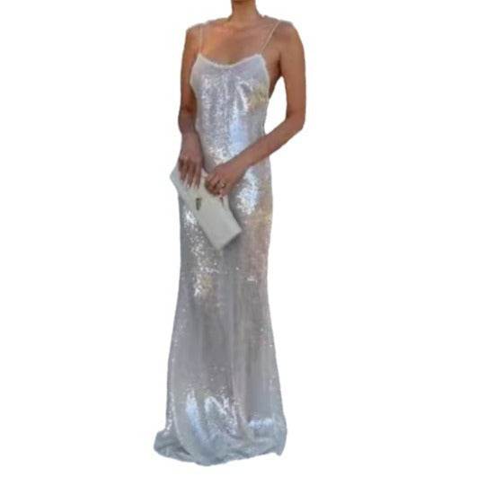 Elegant Silver Sling Dress - High-Waisted Evening Wear for Socialites - Buy Center