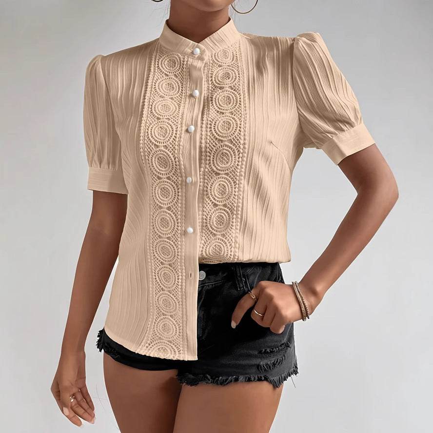 Elegant Lace Patchwork Women's Top - Trendy Stand-up Collar, Short Sleeve - Buy Center