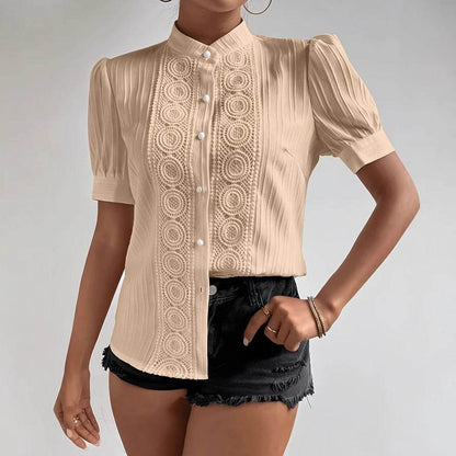 Elegant Lace Patchwork Women's Top - Trendy Stand-up Collar, Short Sleeve - Buy Center