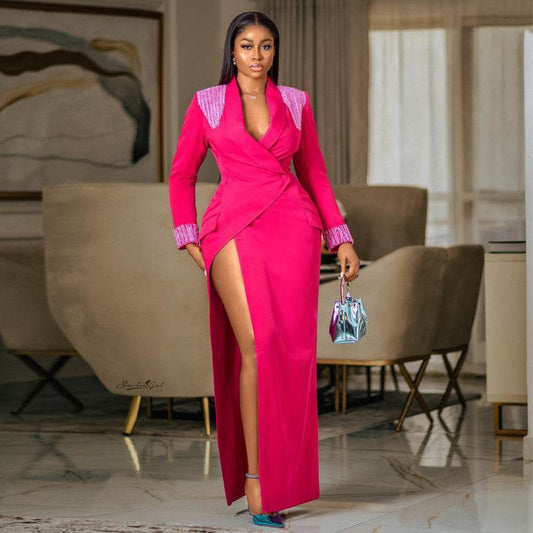 Elegant Rose Red A-Line Dress - Deep V Split for Bridesmaids 2025 - Buy Center