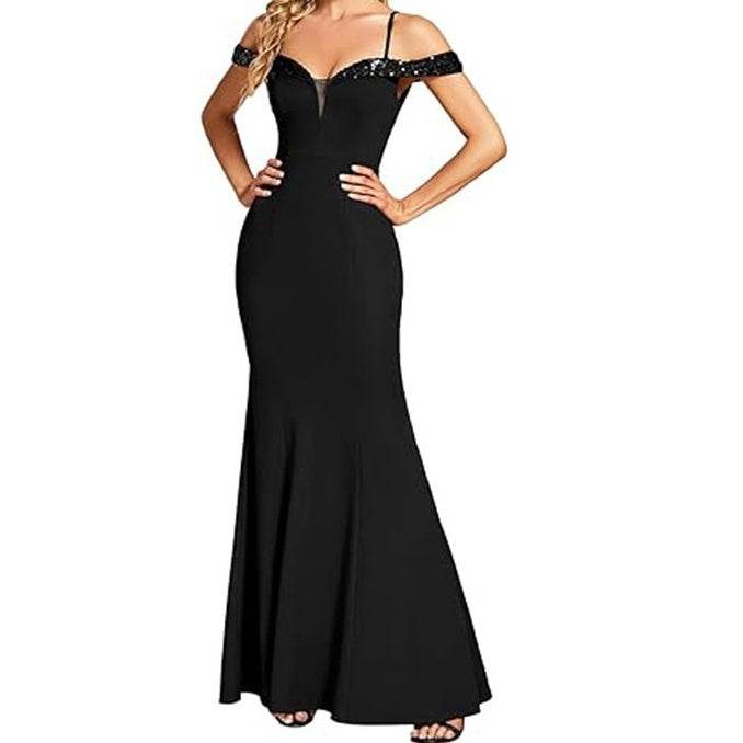 Women's Off-Neck Sling Evening Dress - Short Sleeve, Distressed Style - Buy Center