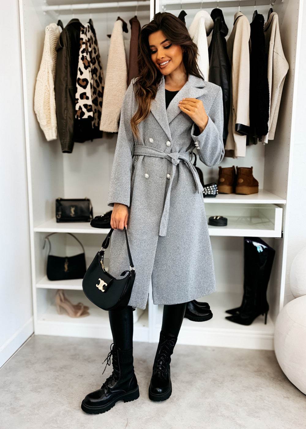 Stylish Double-Breasted Woolen Coat for Women - Trendy Lace-Up Design - Buy Center