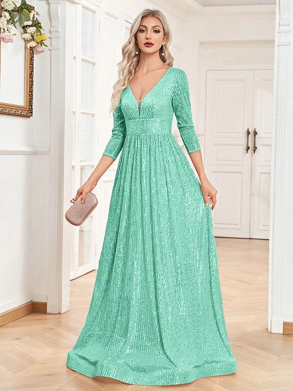 Buycenter V-neck Sequined Party Dress - High Waist, Elegant Evening Style - Buy Center