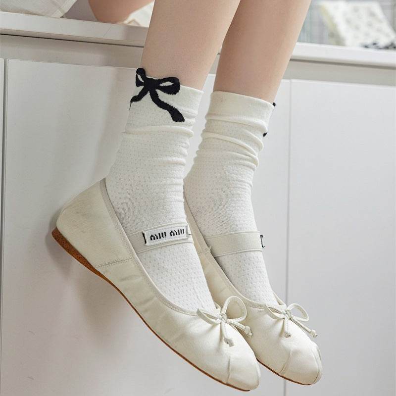 Three-Dimensional Polka Dot Bow Socks - Pure Cotton Mid-Calf for Women - Buy Center