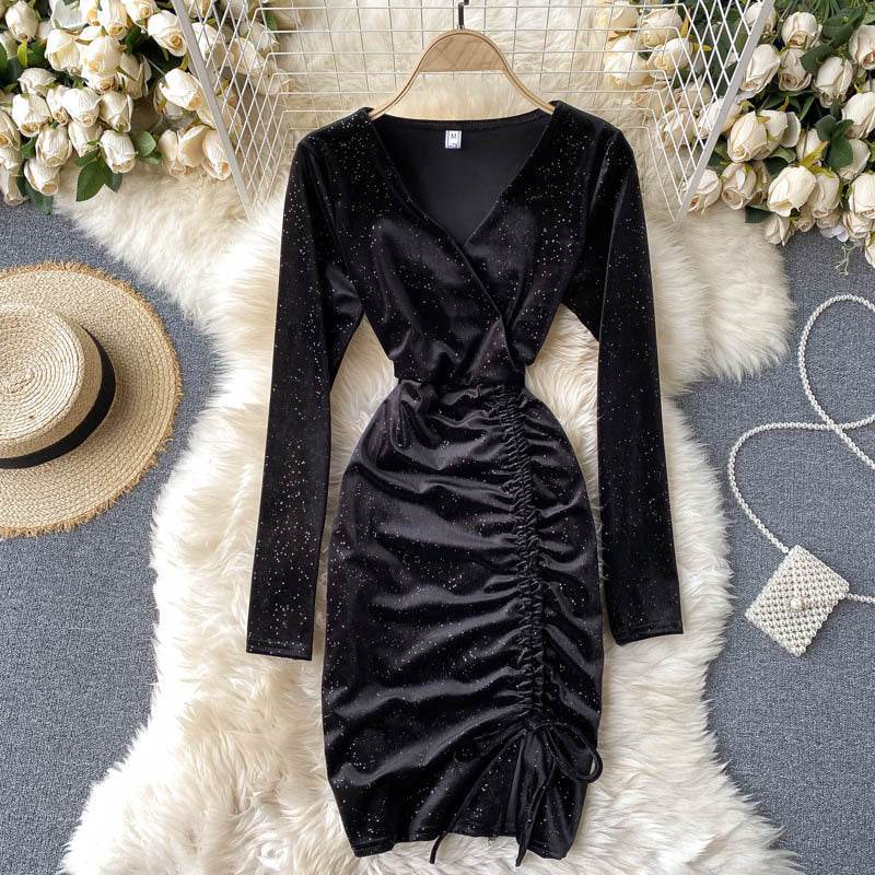 Buycenter V-Neck Velvet Evening Dress - Gold Long Sleeve & Waist Pack - Buy Center