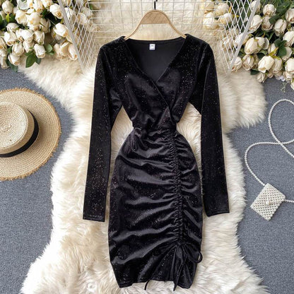 Buycenter V-Neck Velvet Evening Dress - Gold Long Sleeve & Waist Pack - Buy Center