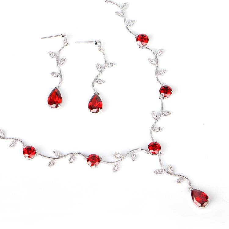 Elegant Bridal Jewelry Set - Zircon Drop Earrings & Necklaces in Gold/Silver/Red/Blue - Buy Center