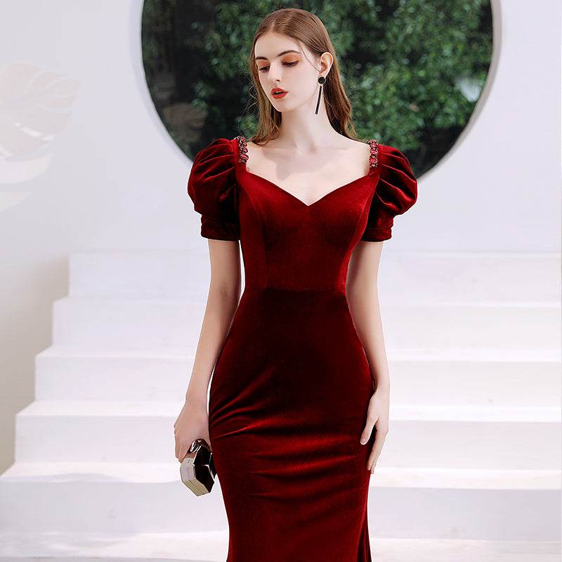 Buycenter Wine Red Fishtail Evening Dress - Elegant Deep V-Neck Style - Buy Center