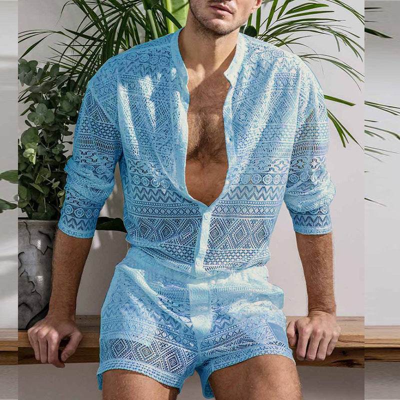 Buycenter Men's Summer Suit - Casual Long Sleeve Shirt & Shorts Set - Buy Center