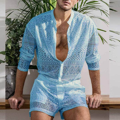 Buycenter Men's Summer Suit - Casual Long Sleeve Shirt & Shorts Set - Buy Center