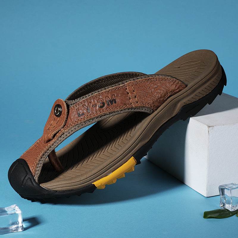 Buycenter Men's Casual Leather Slippers - Summer Beach Flip Flops - Buy Center