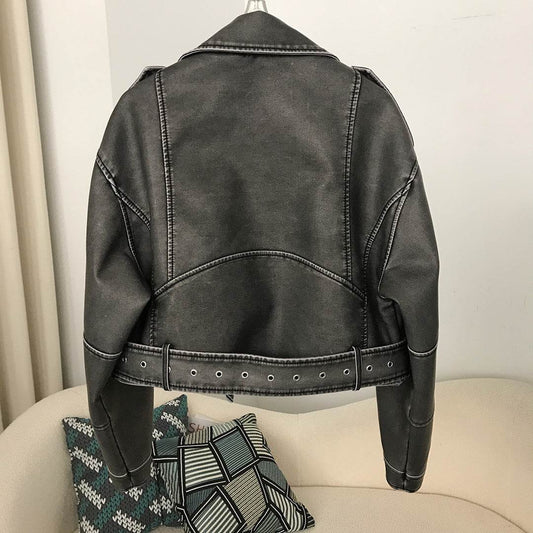 Women's Two-Color Washed Leather Motorcycle Jacket - Slim Fit Stylish Coat - Buy Center