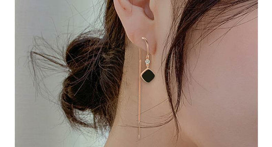 Buycenter Sterling Silver Black Square Tassel Earrings for Women - Buy Center