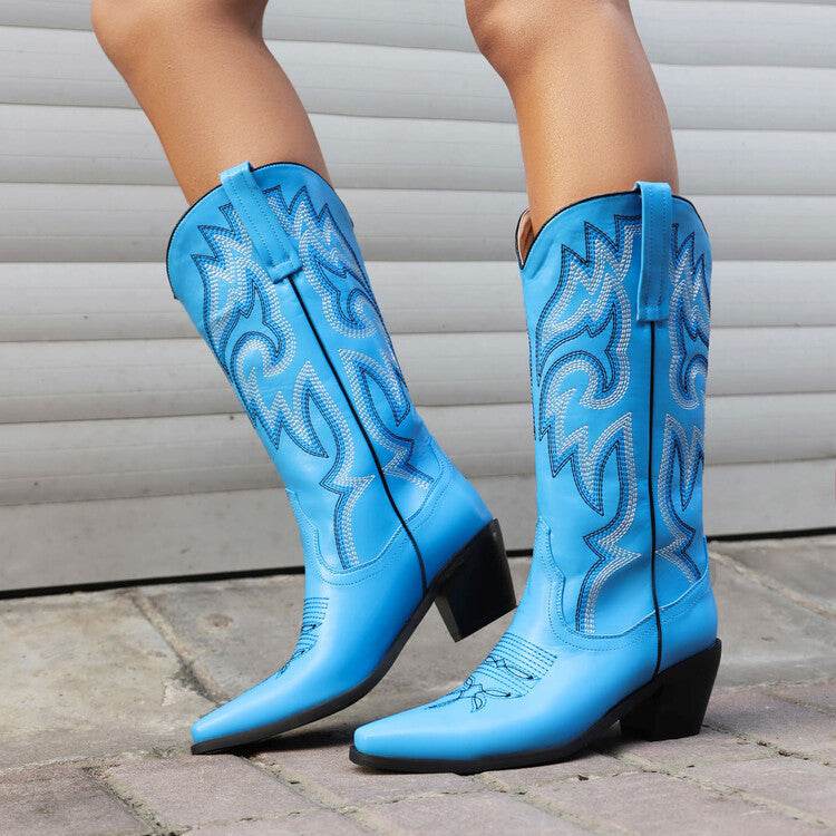 Buycenter Women's Chunky Heel Knight Boots - Embroidered Genuine Leather - Buy Center