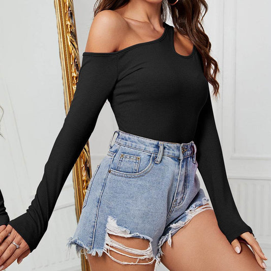 Buycenter Women's Irregular Long Sleeve Top - Exposed Shoulder Pullover - Buy Center