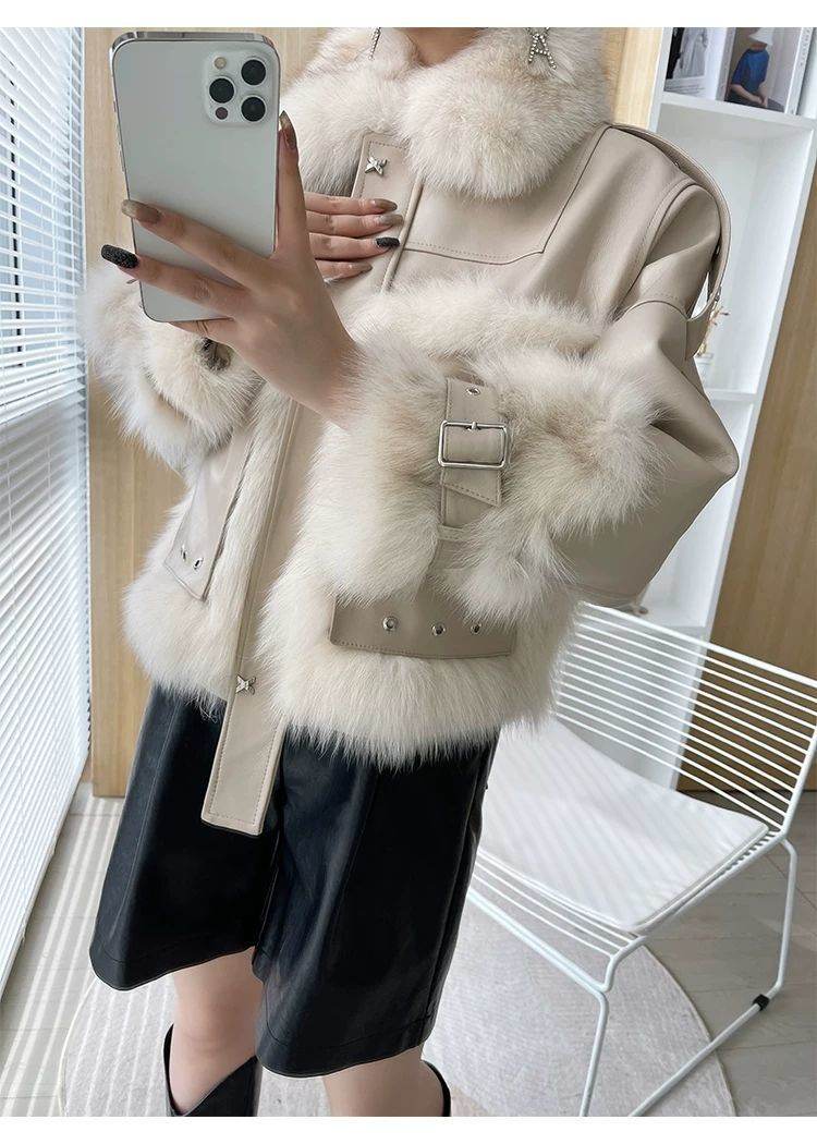 Sense Fox Fur Stitching Leather Coat - Retro Elegant Women's Outerwear - Buy Center