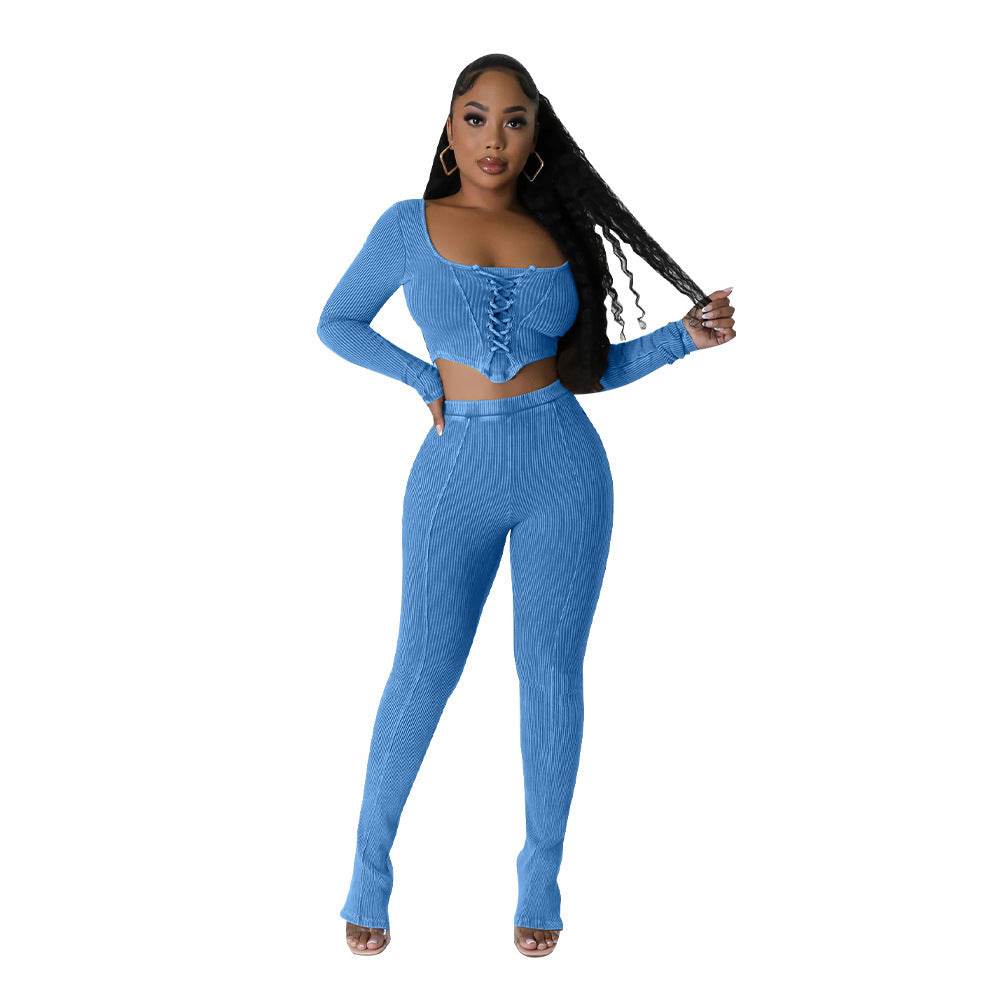 Buycenter Square Collar Skinny Pencil Pants - Stylish Two-Piece Suit - Buy Center