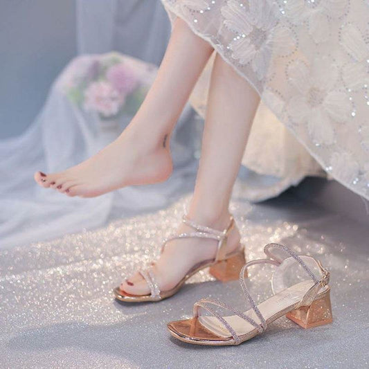 Women's Chunky Heel Sandals - Stylish Ankle Buckle Design in Beige & Gold - Buy Center