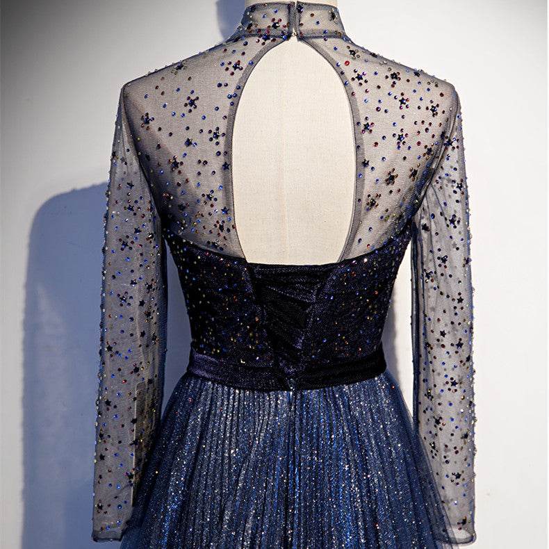 High-End Celebrity Long Tail Dress - Navy Blue Sequin Evening Gown - Buy Center