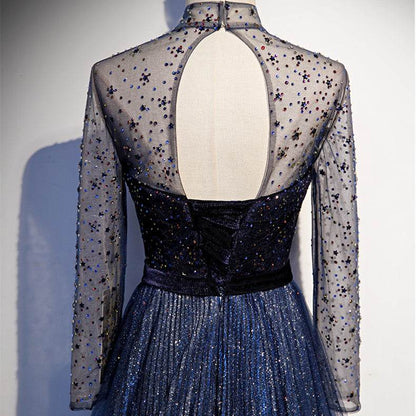 High-End Celebrity Long Tail Dress - Navy Blue Sequin Evening Gown - Buy Center