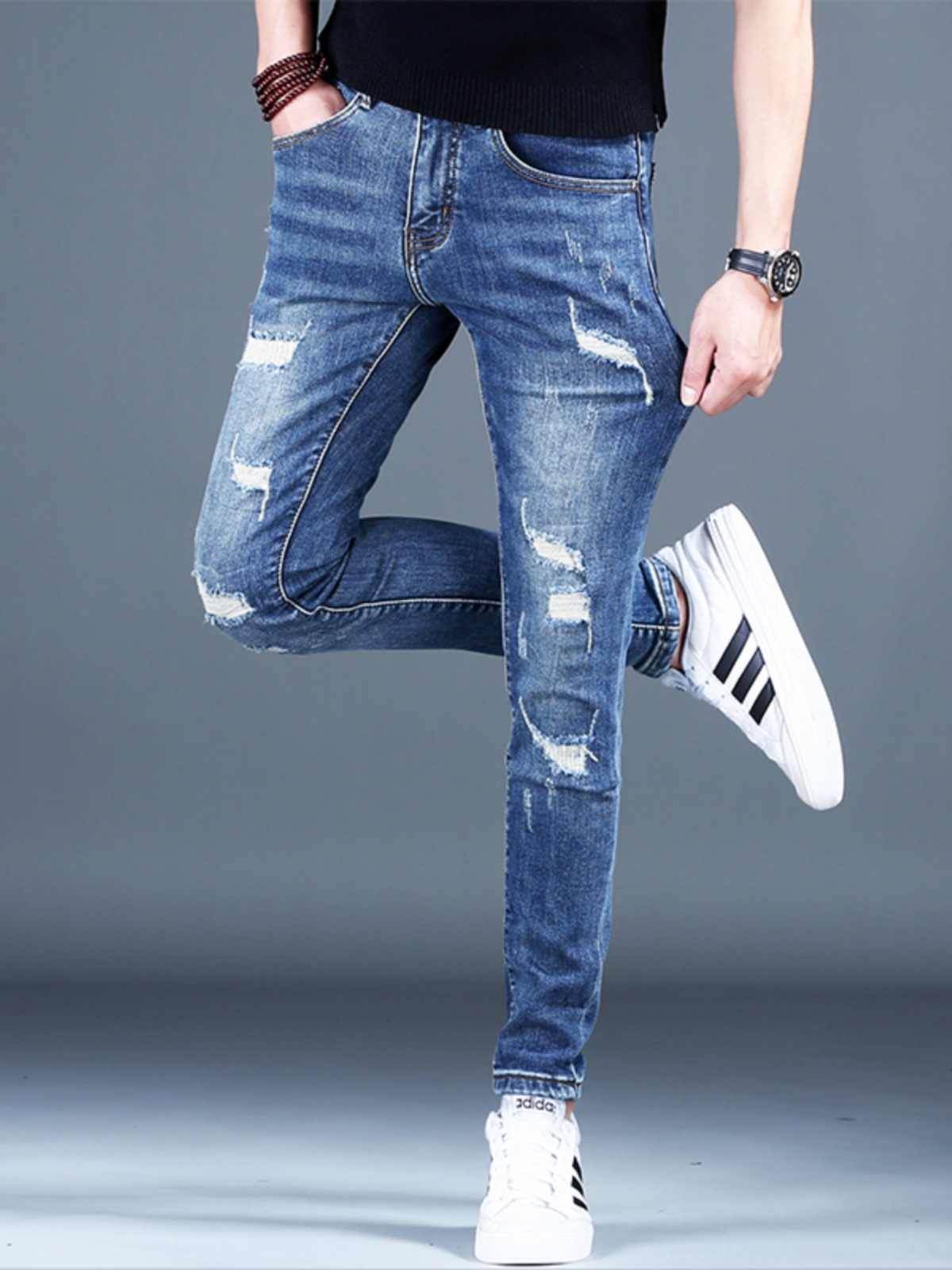Ripped Fleece Padded Jeans for Men - Stretch Slim-Fit Casual Style - Buy Center