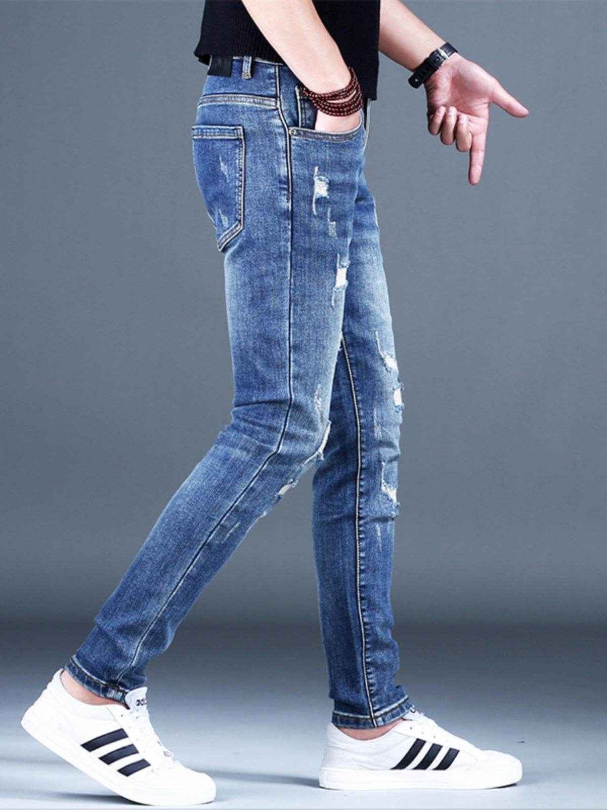Ripped Fleece Padded Jeans for Men - Stretch Slim-Fit Casual Style