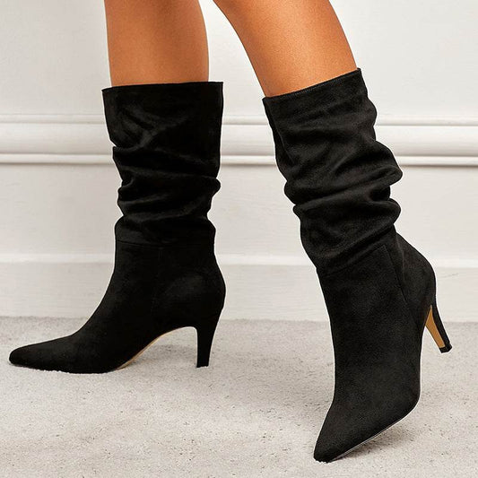 Buycenter Women's Plus Size Stiletto Heel Boots - Wrinkled Suede Design - Buy Center