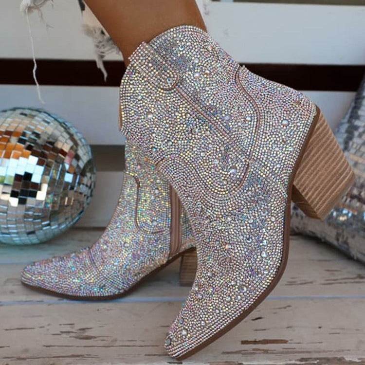 Buycenter Pointed High Heel Ankle Boots - Chunky Rhinestone Design - Buy Center