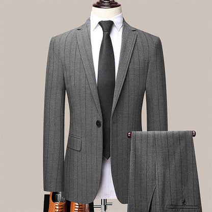Korean Slim Striped Men's Suit Set - Elegant Business Wear for All Seasons