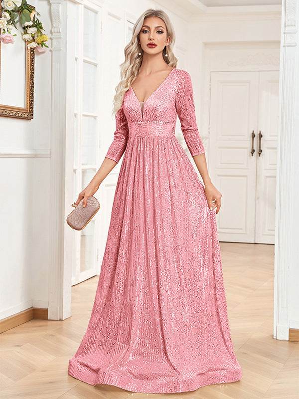 Buycenter V-neck Sequined Party Dress - High Waist, Elegant Evening Style - Buy Center